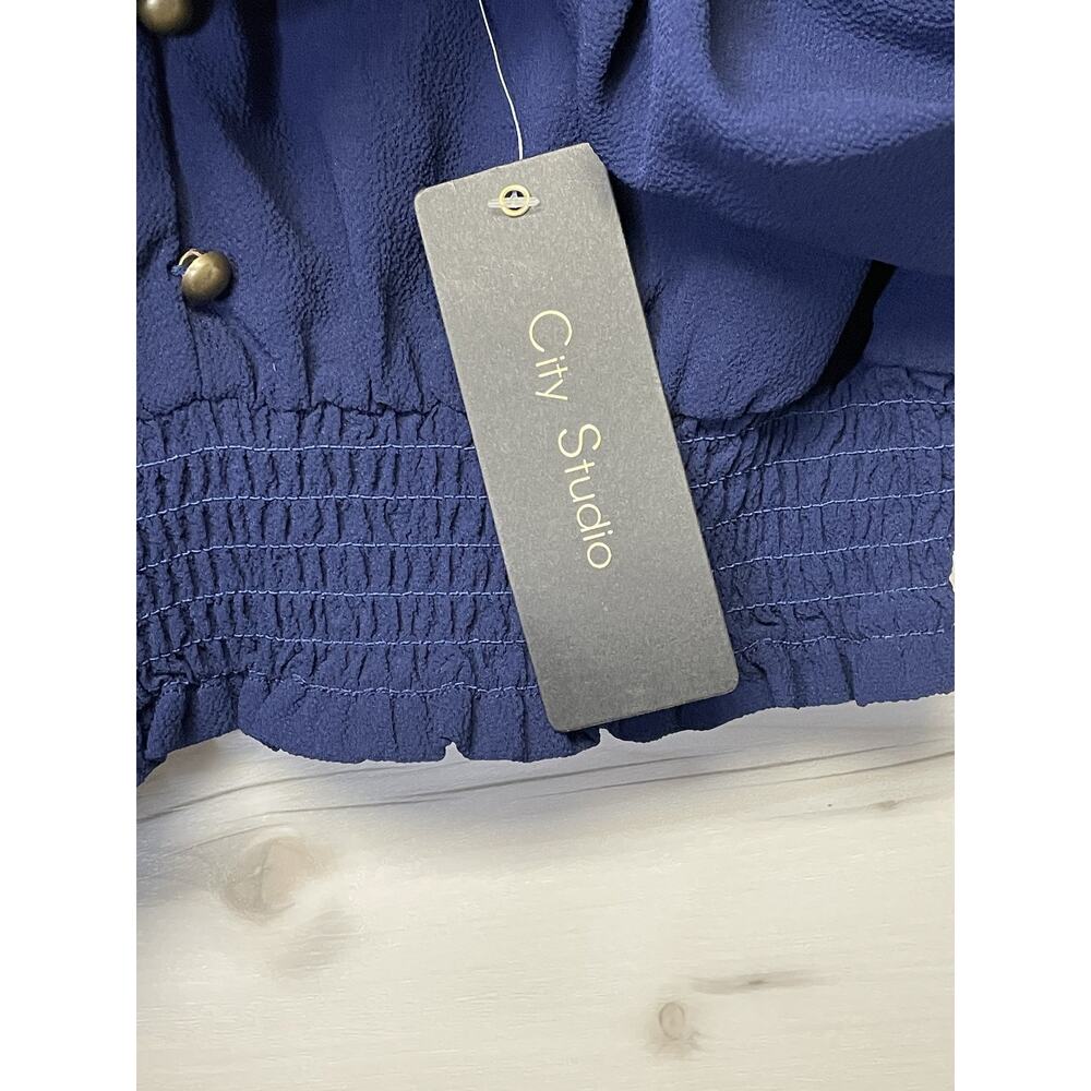 City Studio Blouse Womens Medium Blue Long Sleeve V Neck Smocked Crop Top NWT - Picture 8 of 10
